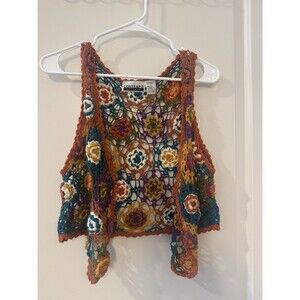 Contempo Casuals Womens Small Crochet Vest Multicolor Floral Granny Square Boho